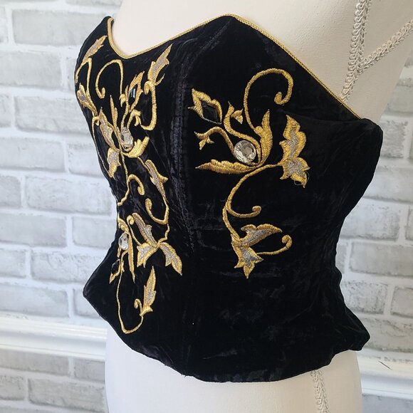 Vintage Natori Neiman Marcus Black Velvet Embroidered Bustier Elegant Whimsigoth - Picture 3 of 10